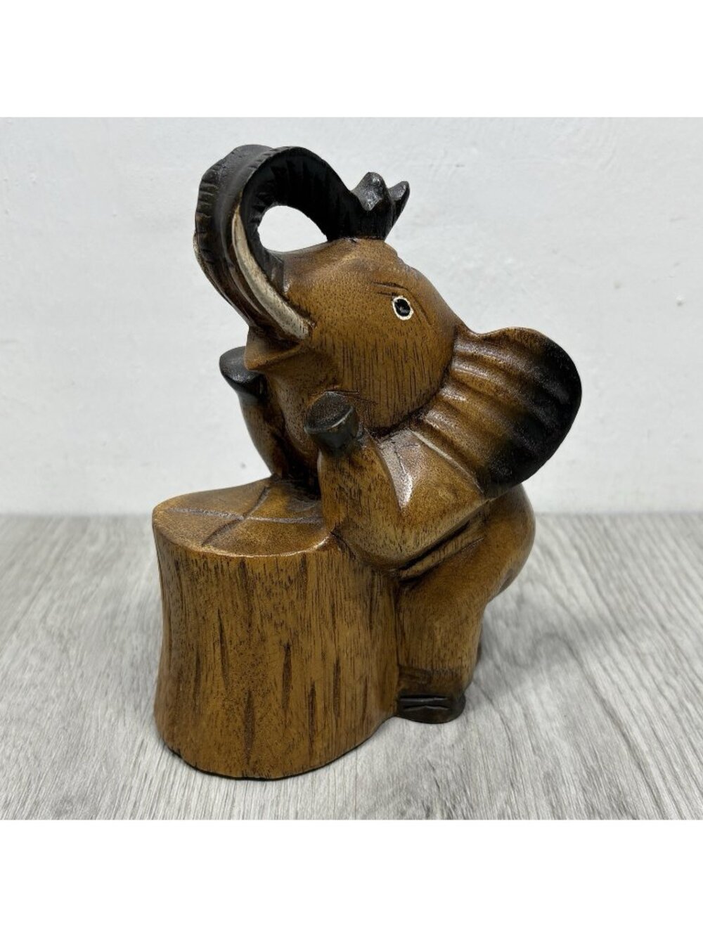 6" Vintage Carved Wooden Elephant Animal Trunk Up Happy Safari